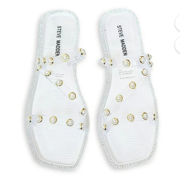 Steve Madden Nonii Pearl Studded Flat Saldals in Clear - Picture 1 of 12